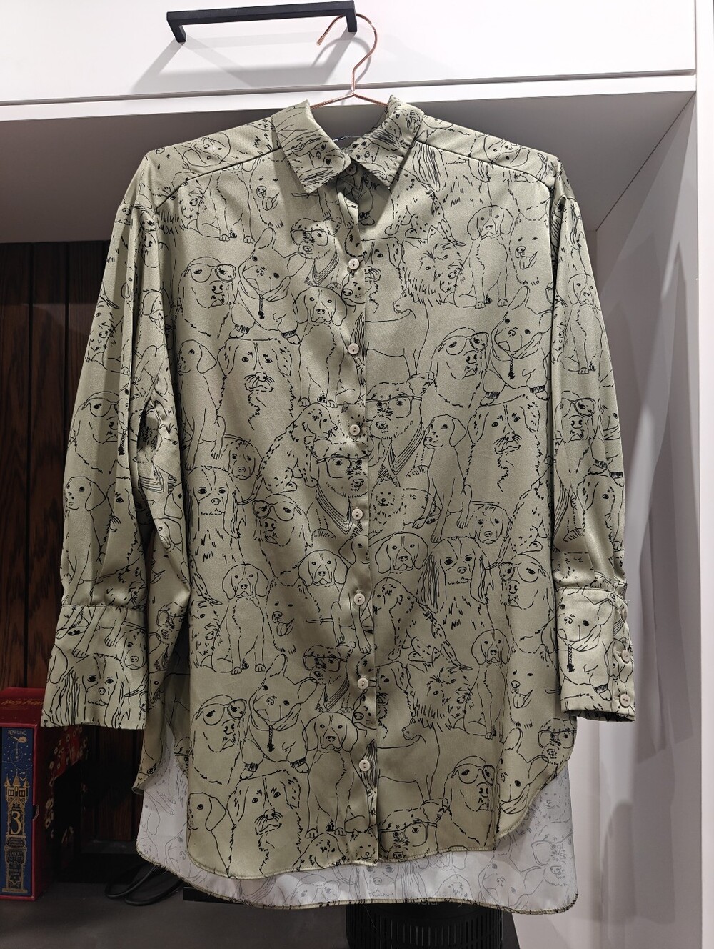 ZARA Dog-Print Button-Down Shirt - Olive Green